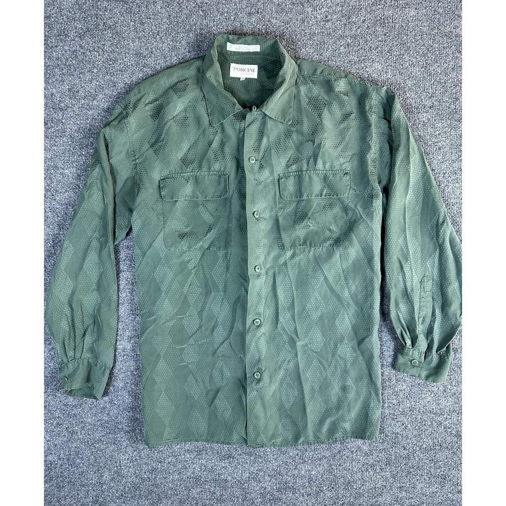 Porcini Shirt Mens M Green Silk Geometric Jacquard Long Sleeve Old Money Luxury